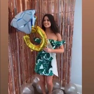 Off the shoulder palm print dress